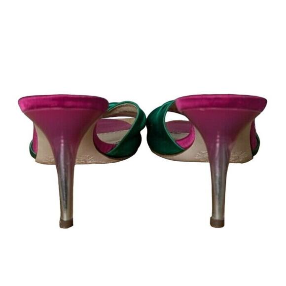 Luis Onofre Satin Bow Heels 6.5 Green Pink Jewel Slip On Designer Sandals Shoes - Picture 4 of 7